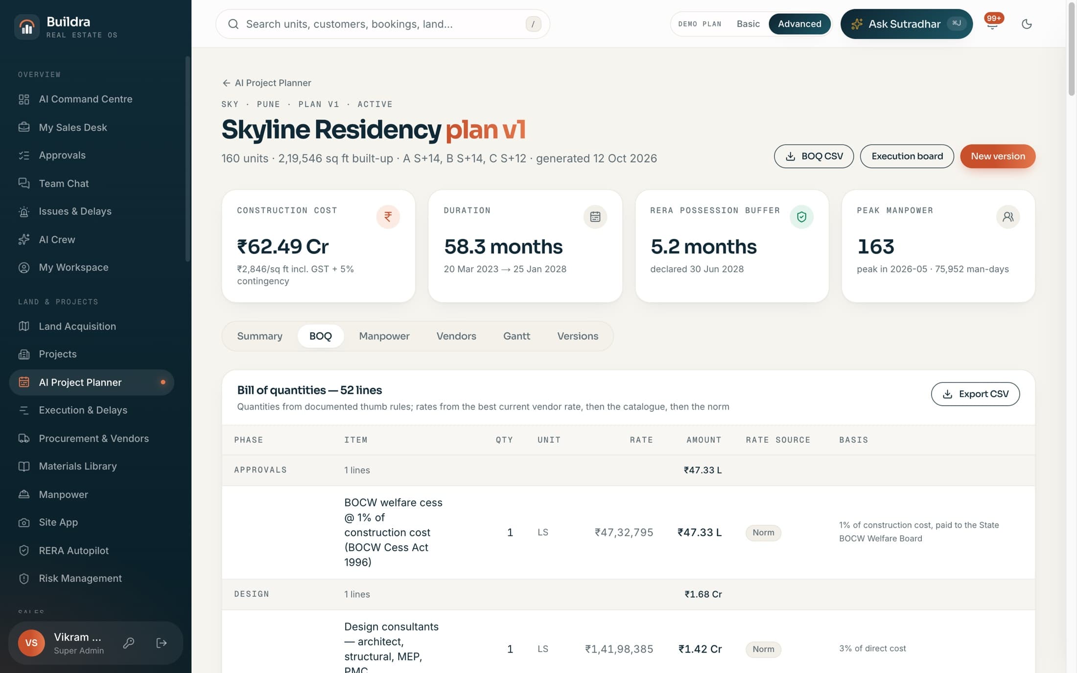AI Project Planner showing a 52-line bill of quantities