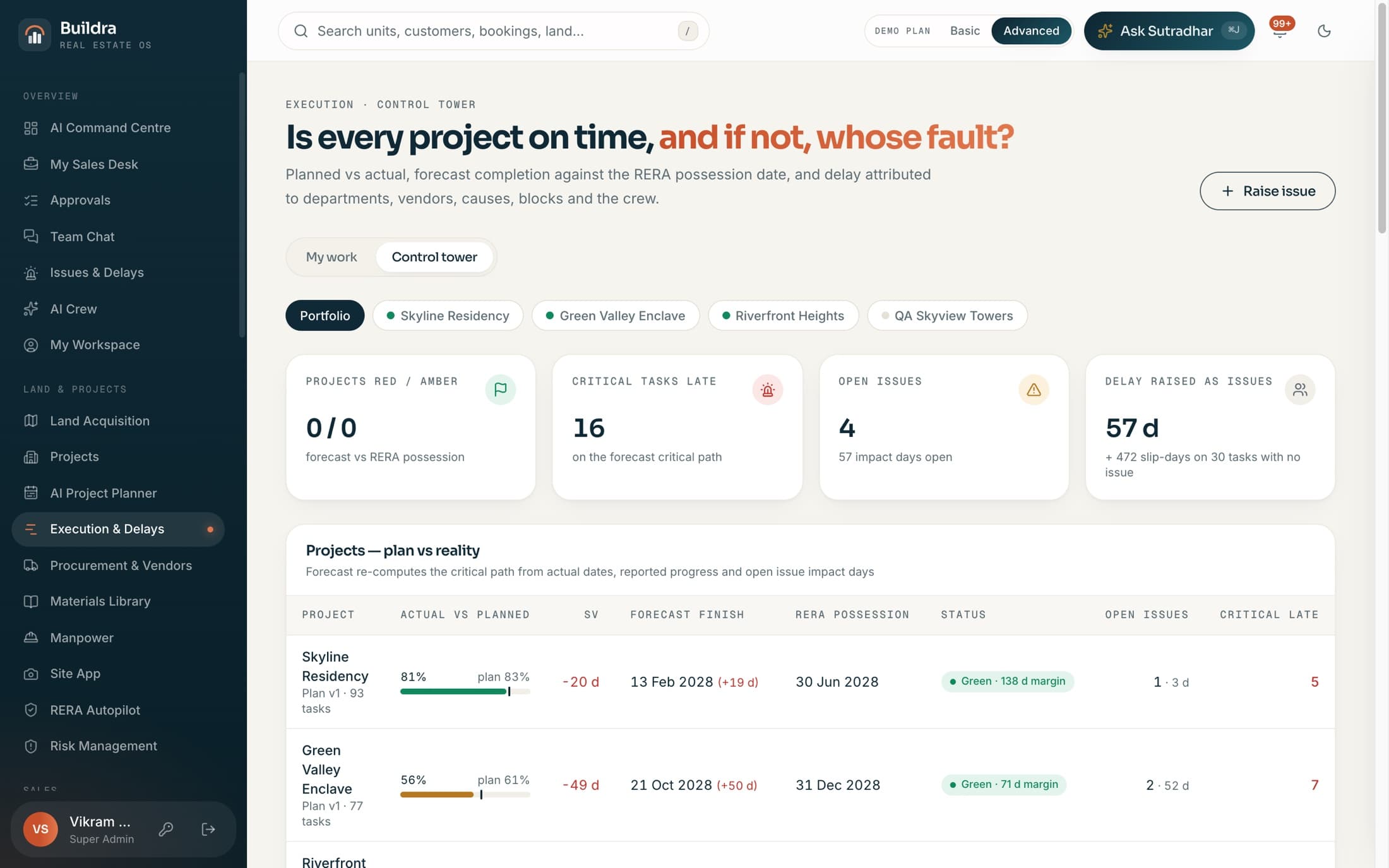 Execution control tower with planned vs actual progress and delay attribution