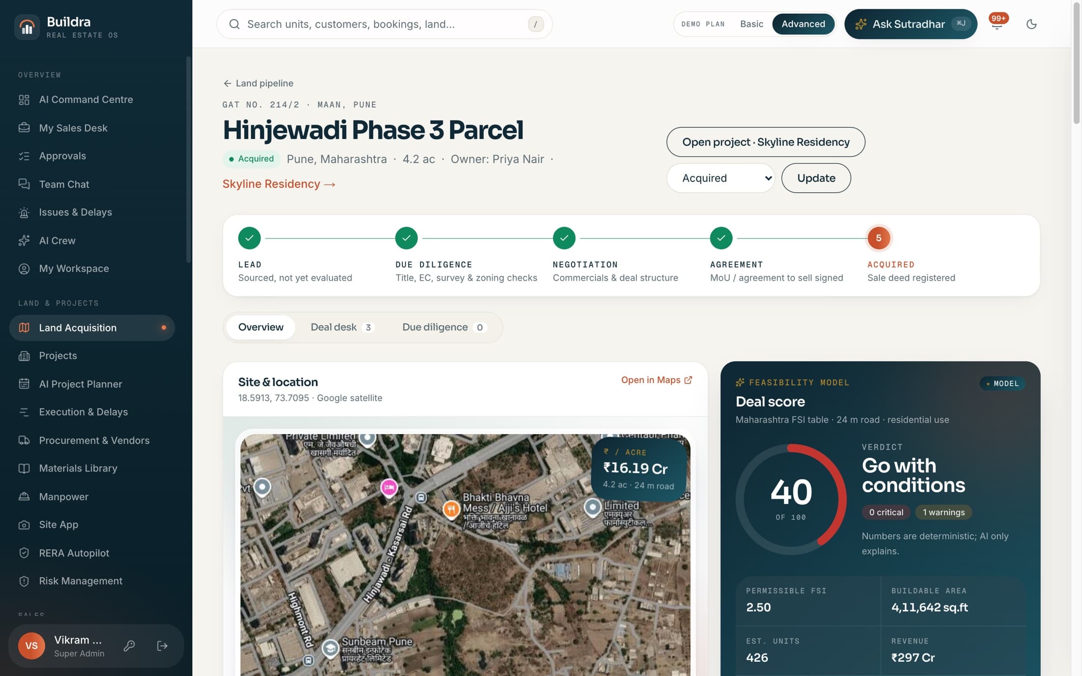 Land parcel page with satellite map and a feasibility deal score