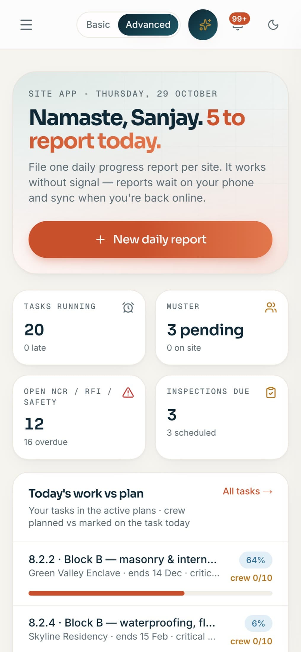 Site app on a phone with tasks running, muster and inspections due