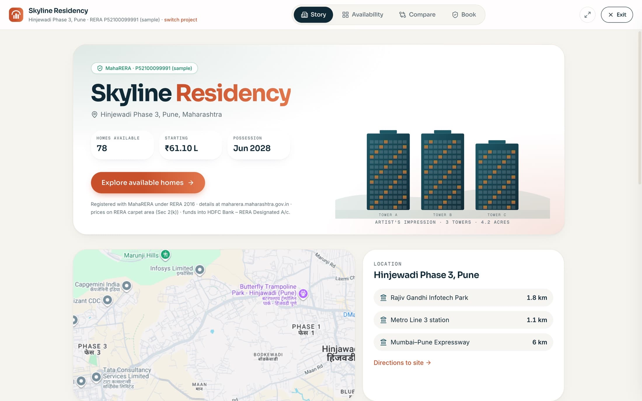 Sales presenter showing Skyline Residency with availability and starting price