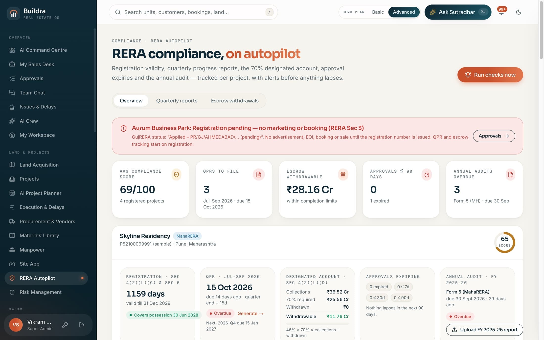RERA Autopilot with quarterly reports, escrow and compliance calendar